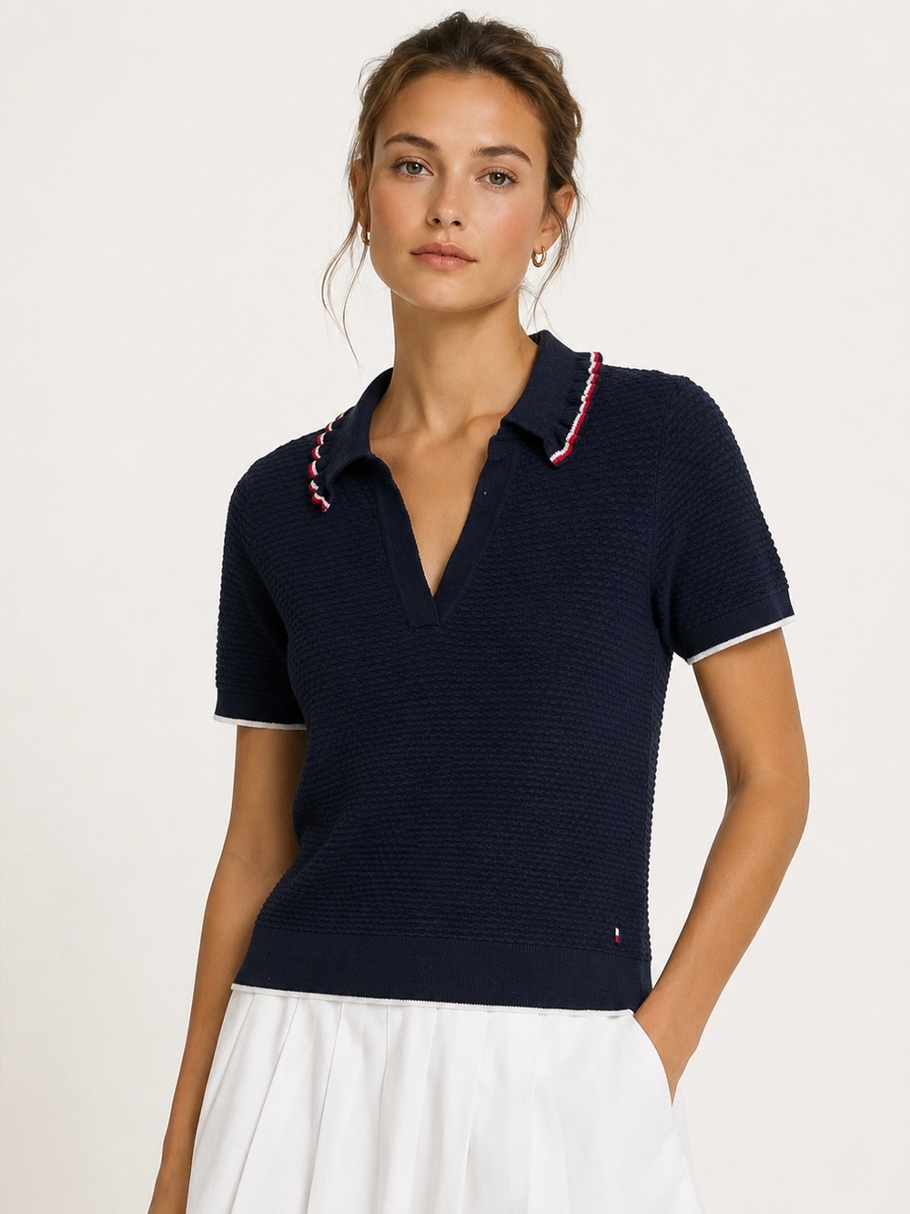 Tommy Hilfiger Textured Knit Polo Sweater Top Ruffle Collar M
